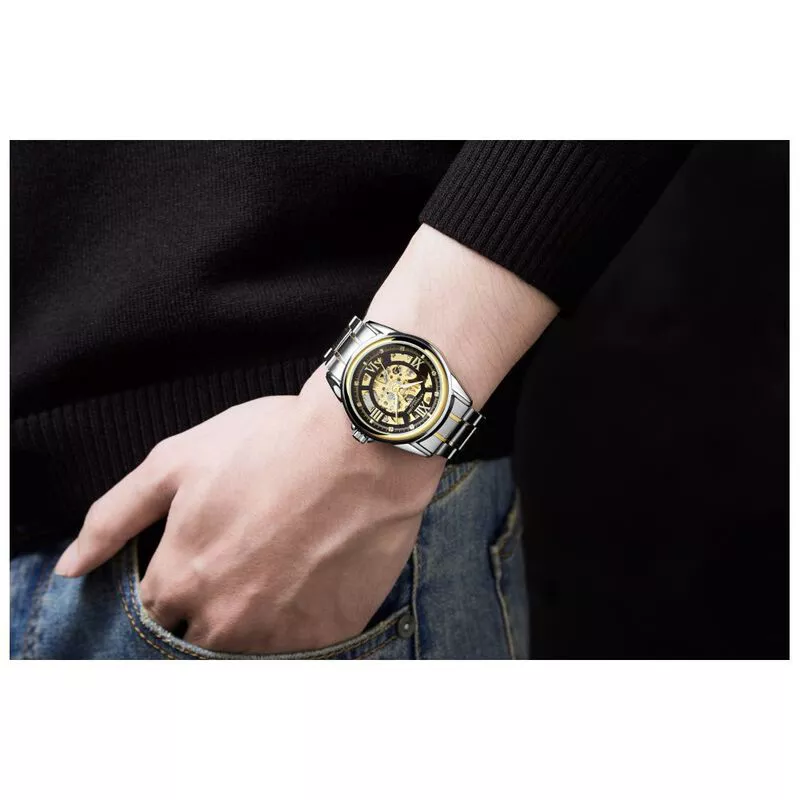 Hand assembled anthony james limited edition skeleton two shop tone gold & steel mens watch