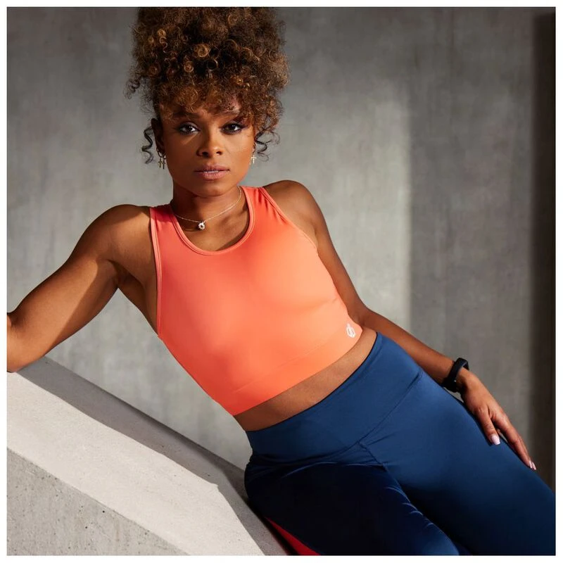 Dare2B Womens Move Longline Sports Bra Neon Peach Sportpursuit