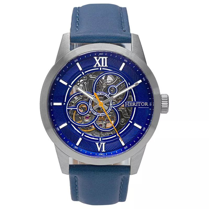 Heritor Mens Jonas Leather Band Skeleton Watch Silver Blue Sportpu