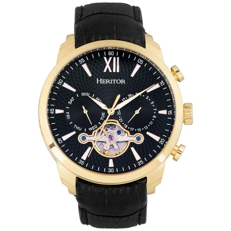 Heritor Arthur Semi Skeleton Leather Band Heren Casual Horloge Geel