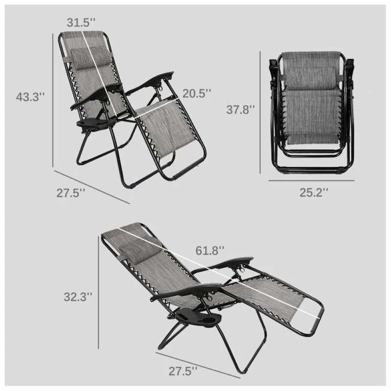 Hortus Set of 2 Zero Gravity Reclining Chair Sun Loungers with Cup Hol