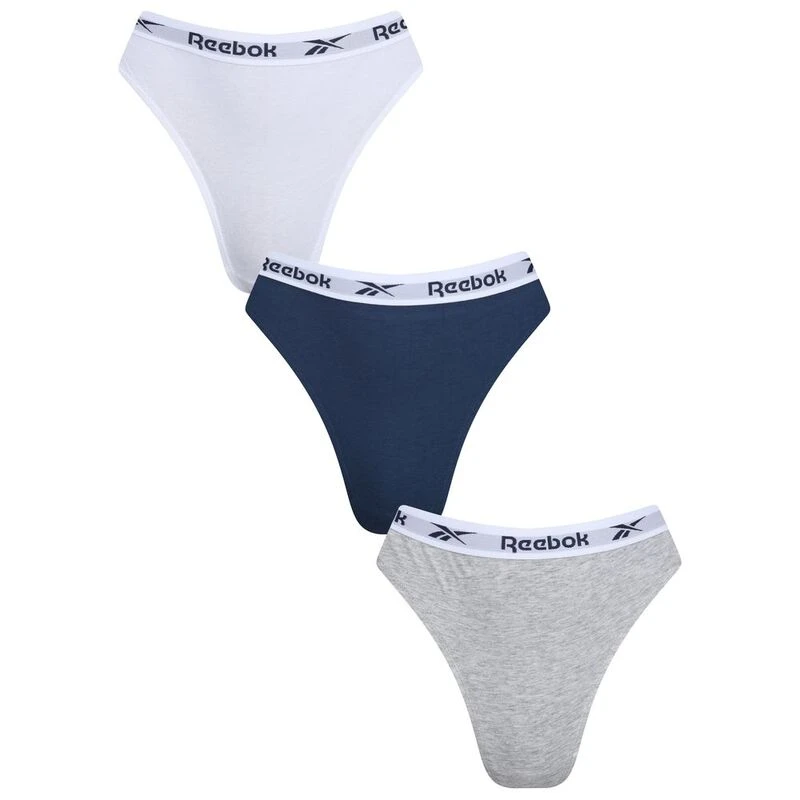 Reebok Womens Thong Briefs (3 Pack - Grey Marl/White/Batik Blue)