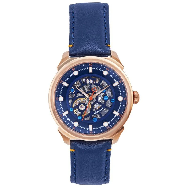 Reign Mens Weston Automatic Leather Band Watch Rose Gold Blue Spor