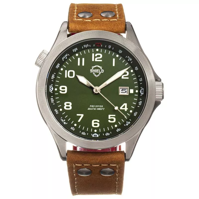 Shield Mens Palau Leather Band Diver Watch Silver Green Sportpursu