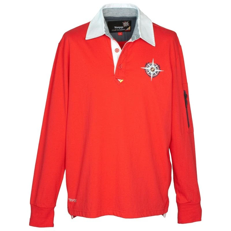 Mens red rugby shirt with white collar clearance