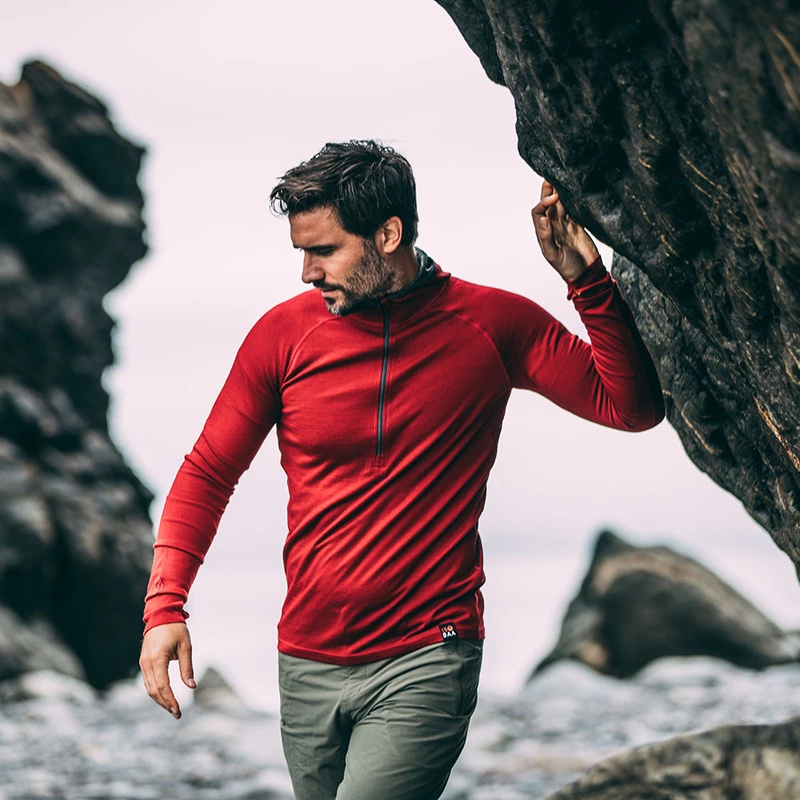 Isobaa Mens Merino 200 Zip Neck Hoodie Red Sportpursuit